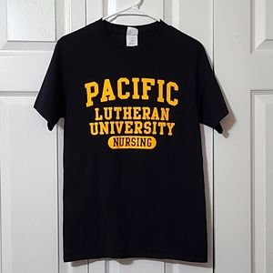 "Pacific Lutheran University Nursing" Black T-Shirt Yellow writing, EUC, small